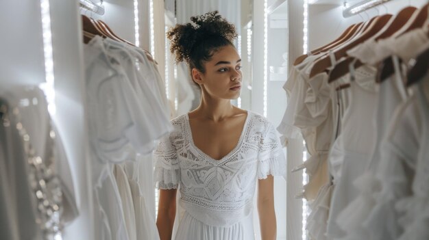 A woman is standing in front of a rack of white dresses