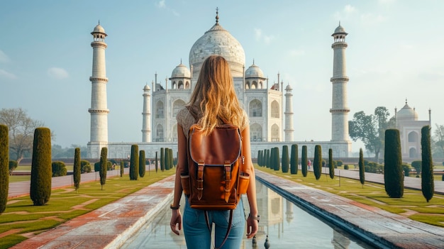 A woman is standing in front of a temple