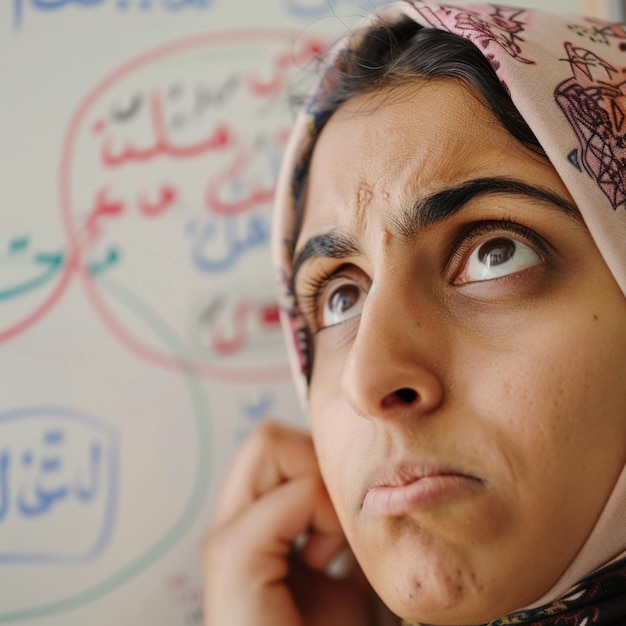 a woman is standing in front of a whiteboard with a red circle with the word  no