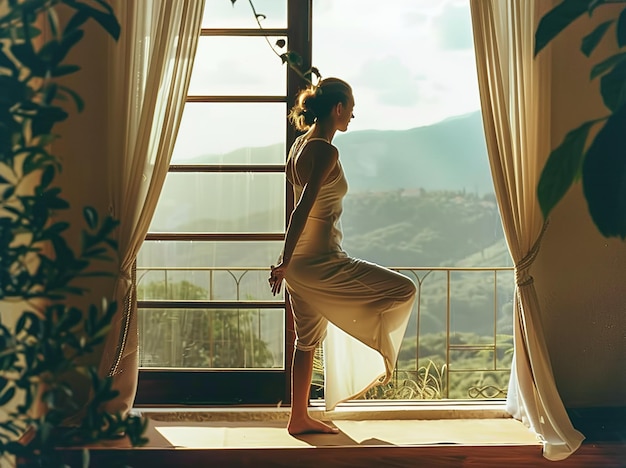 a woman is standing in front of a window with a curtain that says  she is standing in front of a window