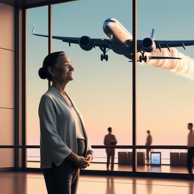 Photo a woman is standing in front of a window with a plane flying in the background