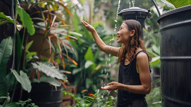 Photo a woman is standing in a garden with water dripping from her hand