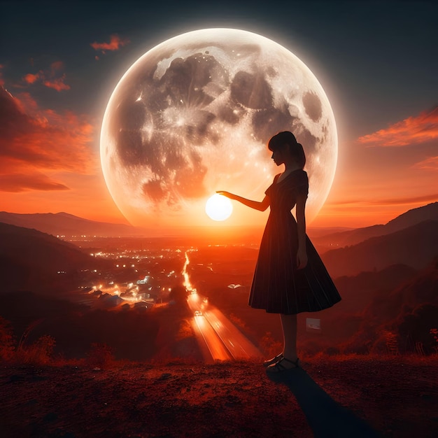 a woman is standing on a hill with a moon in the background