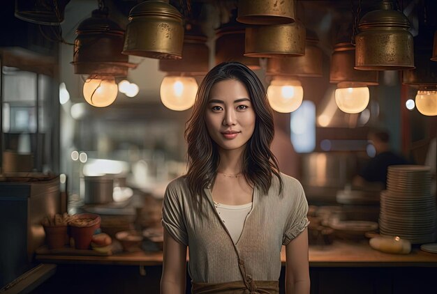 a woman is standing in the kitchen of a restaurant in the style of portraits with soft lighting