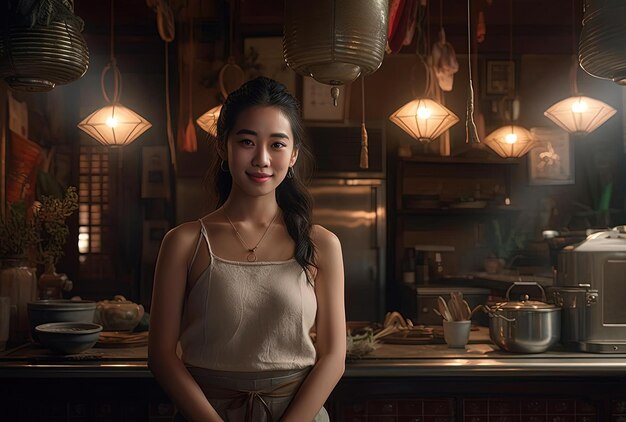 a woman is standing in the kitchen of a restaurant in the style of portraits with soft lighting