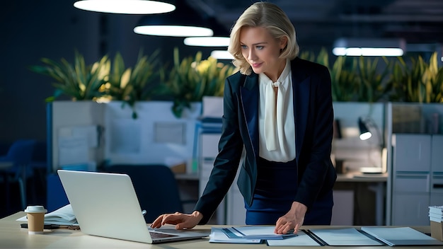 a woman is standing behind a laptop and a monitor that says quot she is working quot