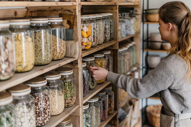 Photo a woman is standing in a pantry examining jars of food on a shelf