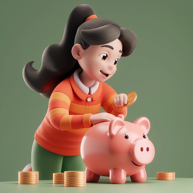 a woman is standing next to a piggy bank with a hammer