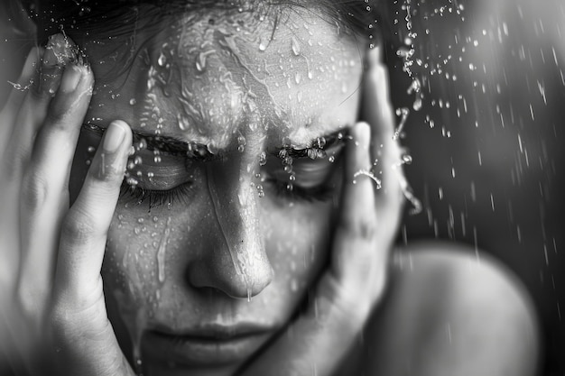 Photo a woman is standing in the rain with her hands on her head