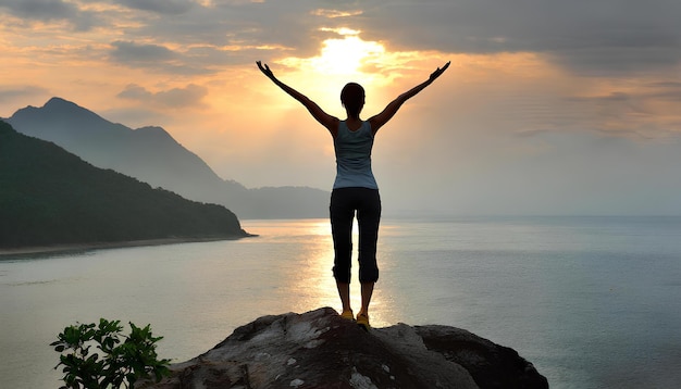 A woman is standing on a rock overlooking the ocean