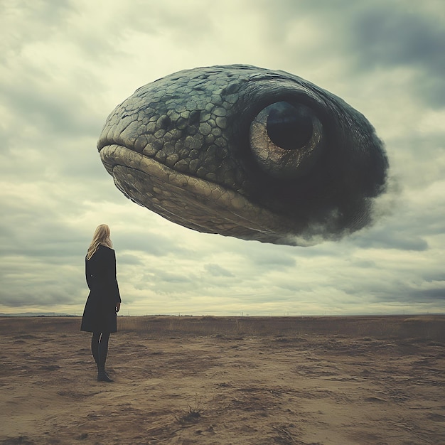 Photo a woman is standing in the sand with a fish head in the sky