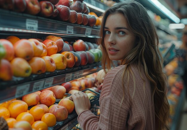 Photo a woman is standing in a store with a sign that says quot peaches quot