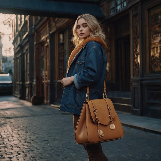 a woman is standing on a street with a bag on her shoulder