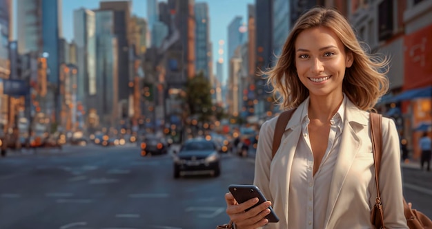 a woman is standing in the street with a phone