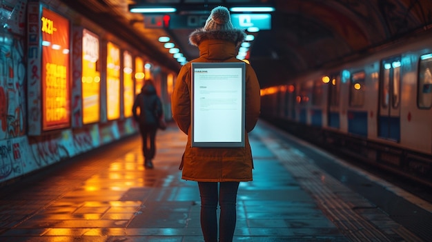 Photo a woman is standing in a subway looking at a screen that says quot free quot