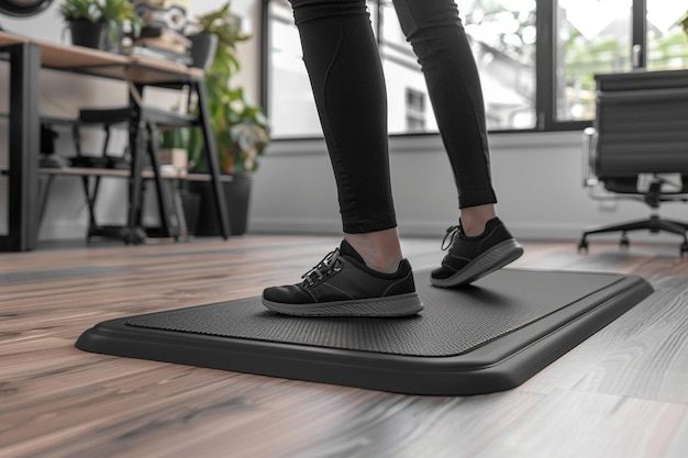 Photo a woman is standing on a treadmill with the words  mat  on the floor