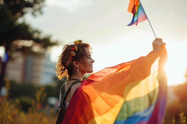 a woman is standing up and waving an lgbt pride flag in the style of reductionist form