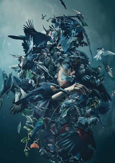 a woman is surrounded by birds and a picture of a woman with a womans face