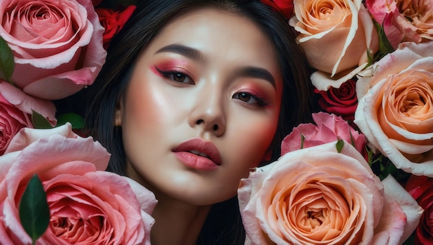 A woman is surrounded by a bouquet of roses