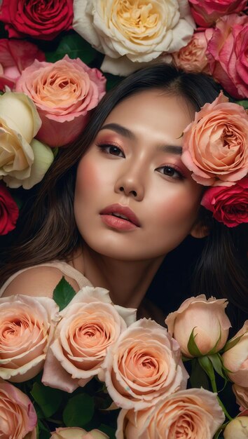 A woman is surrounded by a bouquet of roses