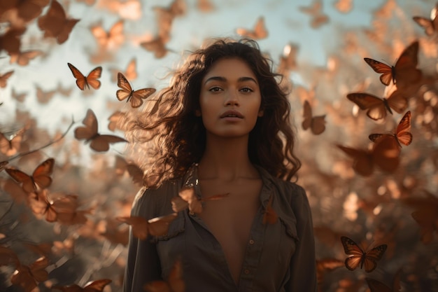 a woman is surrounded by butterflies in a field