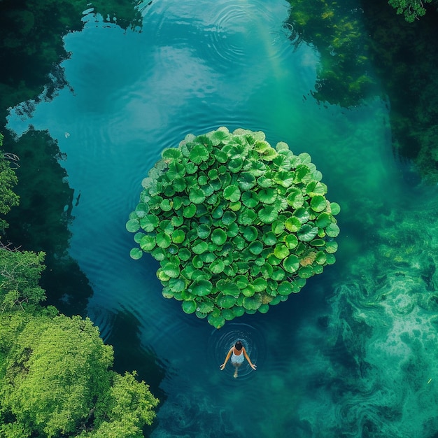 Photo a woman is swimming in a pond surrounded by water lilies