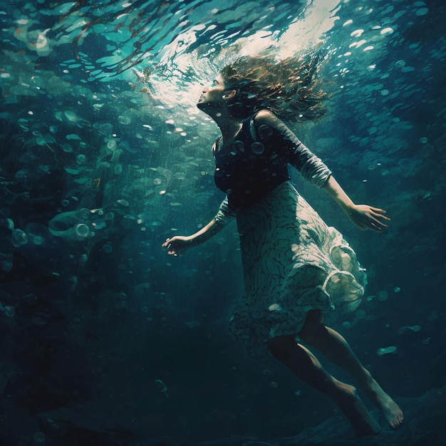 A woman is swimming in the water with a dress on.