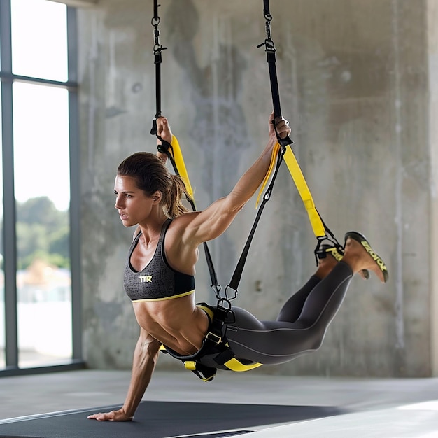 Photo a woman is on a swing with the words quot fitness quot on the side