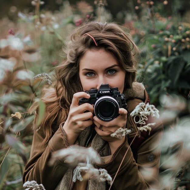 a woman is taking a photo in a field of flowers and a camera