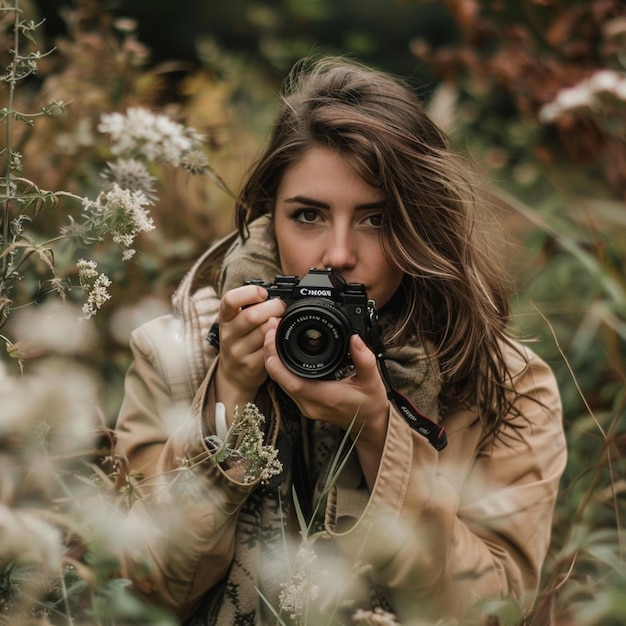 a woman is taking a photo in a field of flowers