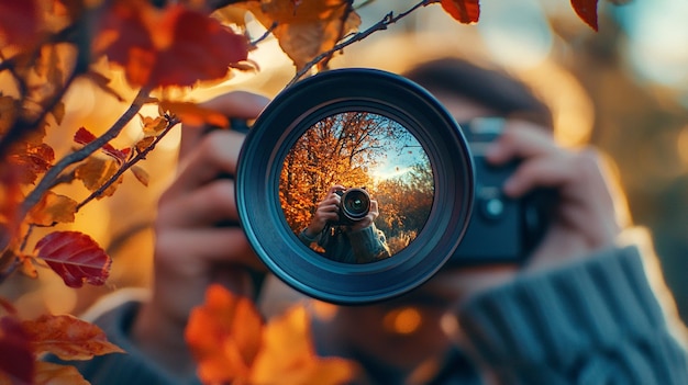 Photo a woman is taking a photo of a photographer taking a photo of autumn leaves