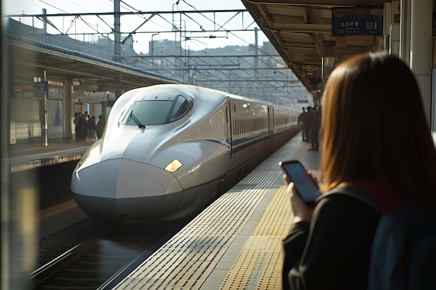 Photo a woman is taking a photo of a train with a phone