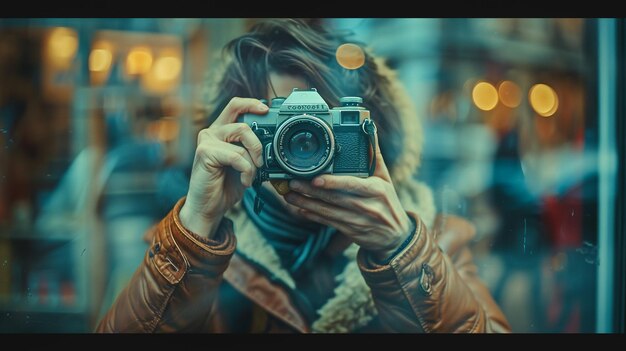 Photo a woman is taking a photo with a camera