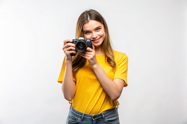 Photo a woman is taking a photo with a camera