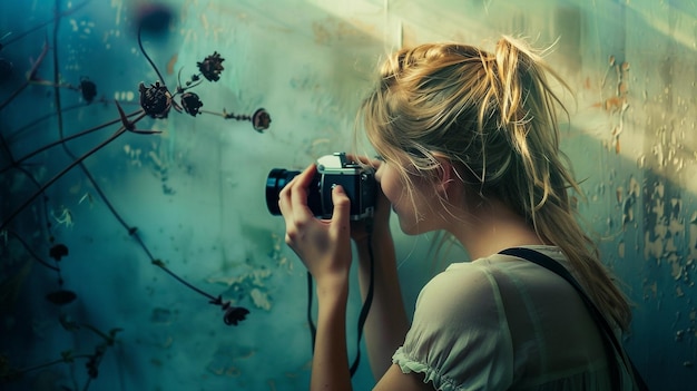 Photo a woman is taking a picture of a graffiti with a camera