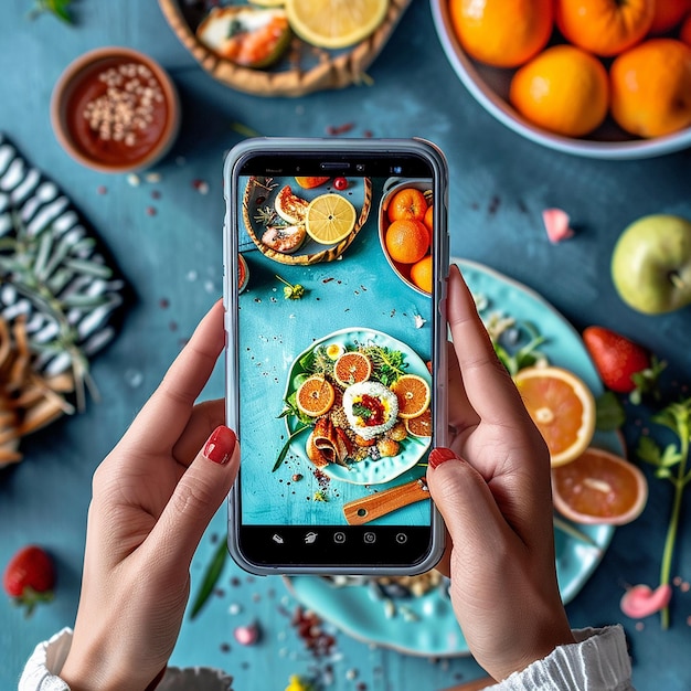 a woman is taking a picture of a plate of food with a picture of a plate of fruit on it