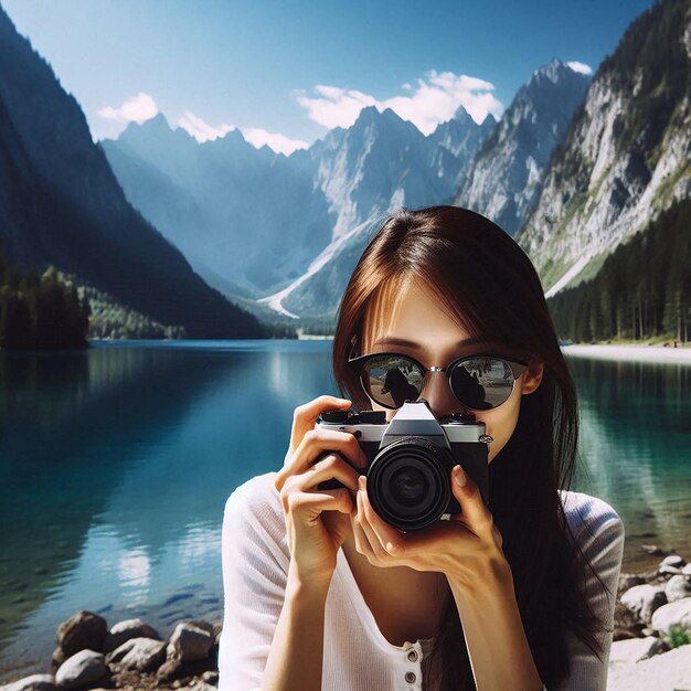 Photo a woman is taking a picture with a camera