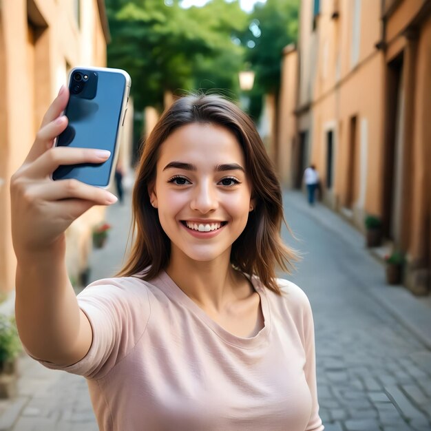 Photo a woman is taking a picture with her phone