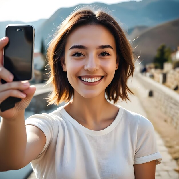 Photo a woman is taking a selfie with her phone