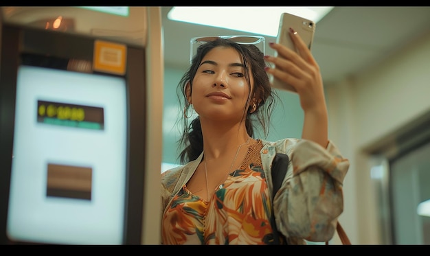 Photo a woman is taking a selfie with a phone in her hand