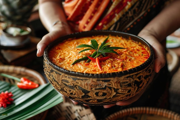 Woman is taking a thai food on the table