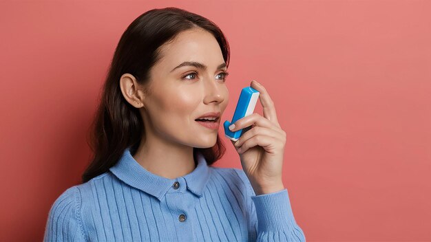 a woman is talking on a cell phone with a blue and white object behind her ear