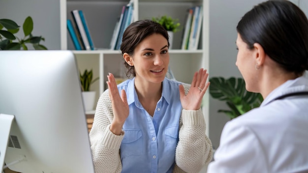 a woman is talking to a man in front of a computer screen