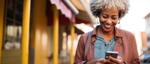 a woman is texting on her phone outside