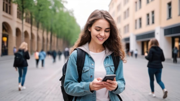 a woman is texting on her phone and smiling