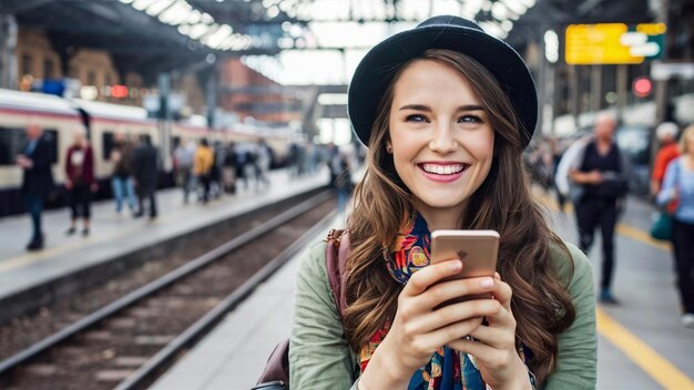 Photo a woman is texting on her phone while wearing a scarf