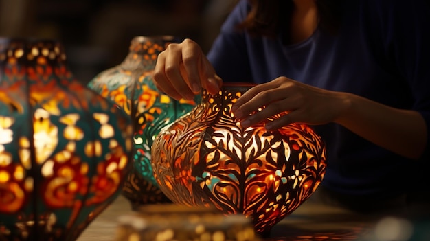 Photo a woman is touching a large pumpkin with a design on it