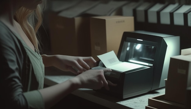 a woman is typing on a computer with a box that sayslon it