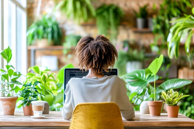 A woman is typing on a laptop in front of a window with a potted plant