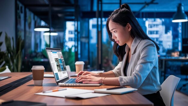 A woman is typing on a laptop with a cup of coffee